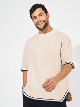 Styli - Men Cream Mock Neck Cotton Terry Tee with Hem Tape Detail