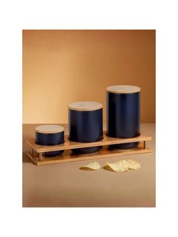 The Better Home - Ceramic Jar with Lid and Wooden Tray Set 260ml, 800ml, 1000ml Black YX08-3-BK