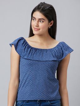 Globus - Women Blue Printed Boat Neck Sleeveless Top