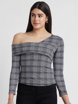 Globus - Women Black Checked One Shoulder Bardot Top