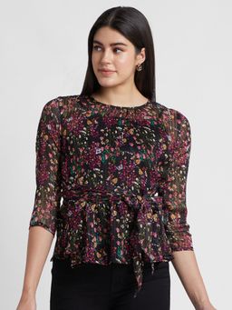 Globus - Women Multi Printed Round Neck Belted Top