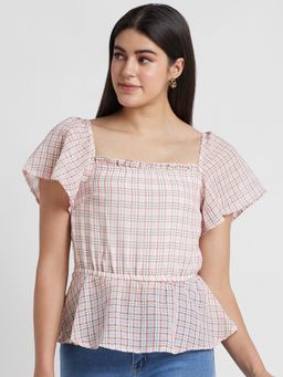 Globus - Women White Checked Square Neck Cinched Waist Top