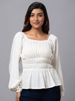 Globus - Women White Solid Square Neck Peplum Crop Top