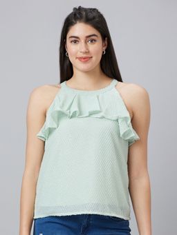 Globus - Women Mint Green Self Design Halter Neck Sleeveless Top