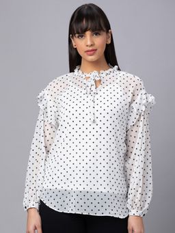 Globus - Women White Printed Tie-up Neck Top