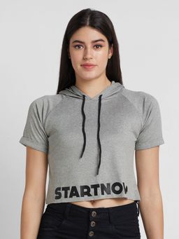 Globus - Women Grey Printed Cotton Hooded Boxy Fit Sports Crop T-shirt
