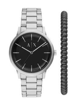 ARMANI EXCHANGE - Silver Toned Men Quartz Black Watch With Bracelet (AX7182SET) (M)
