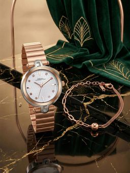 French Connection - Rhinestones Silver Textured Rose Gold & Quartz Watch With Bracelet (FCGS05-A) (M)