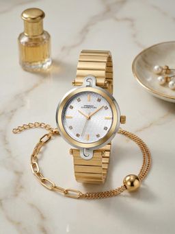 French Connection - Rhinestones Silver Textured Gold & Quartz Watch With Bracelet (FCGS05-B) (M)