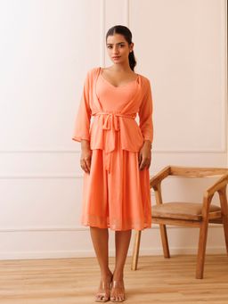 Ragavi - Campanella Peach Chiffon Midi Dress with Jacket and Belt (Set of 3)