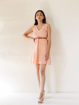 Ragavi - Peach Phoenix Cotton Embroidered Schiffli Mini Dress with Belt (Set of 2)