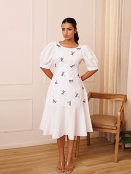 Ragavi - Dragonfly Embroidered White Cotton Midi Dress