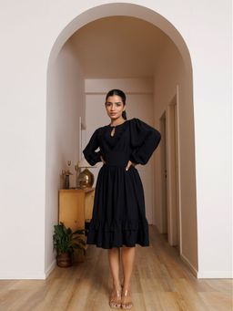 Ragavi - Black Velvet Petunia Cotton Midi Dress