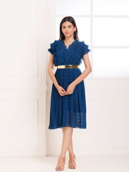 Ragavi - Petunia Blue Stripes and Embroidered Midi Dress