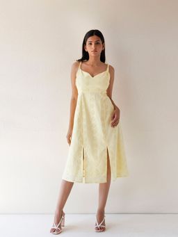 Ragavi - Forsythia Yellow Cotton Embroidered Schiffli Midi Dress