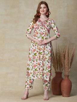 FASHOR - Ethnic Floral Foil Printed & Embroidered A-line Pleated Kurta With Pant (Set of 2)