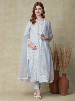 FASHOR - Ethnic Khari Printed & Hand Embroidered Kurta With Pant & Dupatta (Set of 3)