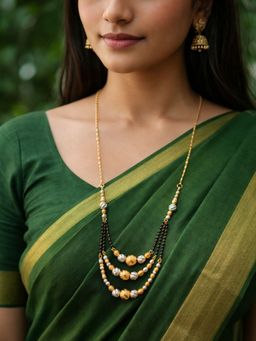 Digital Dress Room - Elegant Rose Finish 3 Layer Big Golden Mani Black Beads Mangalsutra