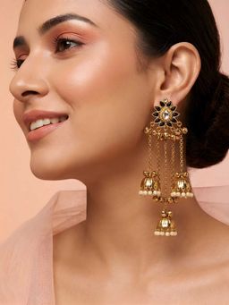 ADIVA - Black Stone Multi-Layered with Pearl Drops Kashmiri Jhumka Earrings