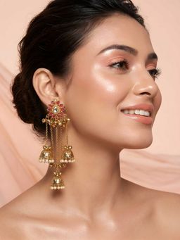 ADIVA - Red Stone Multi-Layered with Pearl Drops Kashmiri Jhumka Earrings