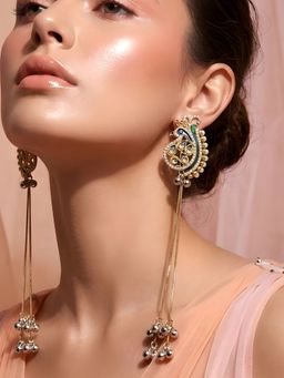 ADIVA - Peacock Motif Stone Long Chain Kashmiri Drop Dangler Earrings