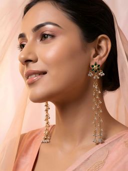 ADIVA - Green Stone Studded Floral Long Chain Kashmiri Drop Earrings