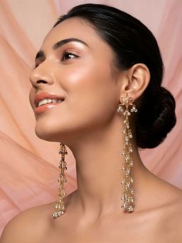 ADIVA - Pink Stone Studded Floral Long Chain Kashmiri Drop Earrings