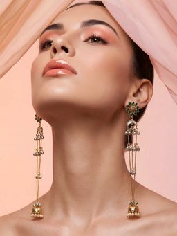 ADIVA - Green Stone Studded Long Chain Kashmiri Jhumka Drop Earrings