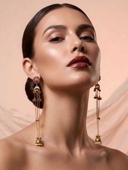 ADIVA - Red Stone Studded Long Chain Kashmiri Jhumka Drop Earrings