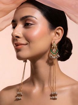 ADIVA - Green Enamel Studded Long Chain Drop Kashmiri Ghungroo Earrings