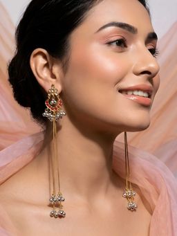 ADIVA - Pink Enamel Studded Long Chain Drop Kashmiri Ghungroo Earrings