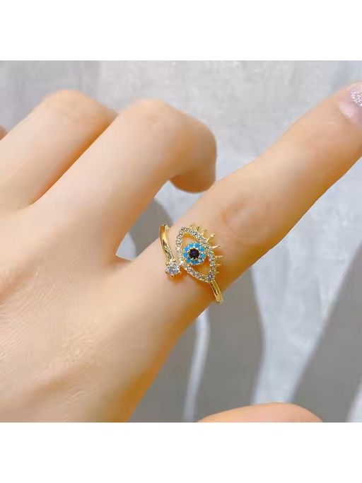 Jazz and Sizzle Gold Plated Cz Studded Evil Eye Adjustable Finger Ring