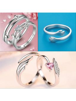 Jazz and Sizzle - Silver Plated Ad Studded Adjustable Couple Ring (Pack Of 2)