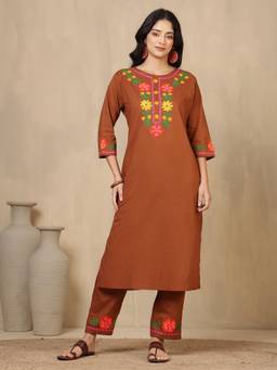 Gahan - Women Pure Cotton Rust Hand Work Kurta with Pant