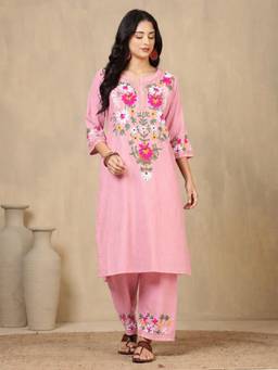 Gahan - Women Pure Cotton Pink Hand Embroidery Kurta with Pant