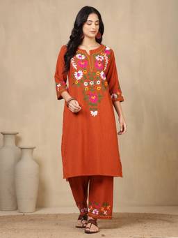 Gahan - Women Pure Cotton Rust Hand Embroidery Kurta with Pant
