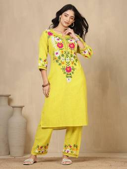 Gahan - Women Pure Cotton Yellow Hand Embroidery Kurta with Pant