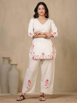 Gahan - Women Cotton Flex Pink Floral Embroidery Co-Ord Set