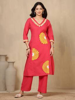 Gahan - Women Pure Cotton Pink Hand Embroidery Kurta with Pant