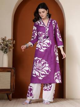 Gahan - Women Pure Cotton Purple Kurta with Palazzo