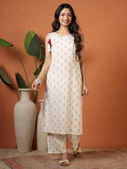Gahan - Women Rayon White Printed Hand Work Kurta with Palazzo