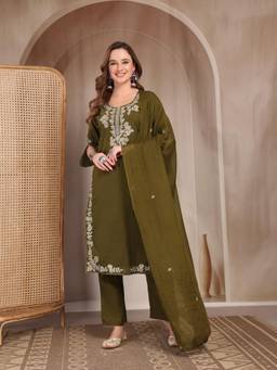 Gahan - Women Pure Cotton Olive Green Embroidery Kurta with Pant & Dupatta
