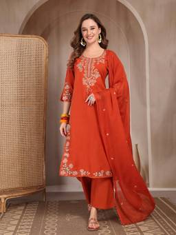 Gahan - Women Pure Cotton Orange Embroidery Kurta with Pant & Dupatta