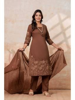 Gahan - Women Pure Cotton Jaal Embroidery Kurta with Pant & Dupatta - Brown