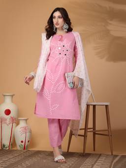 Gahan - Women Pure Cotton Mirror Work Pink Kurta with Pant & Dupatta