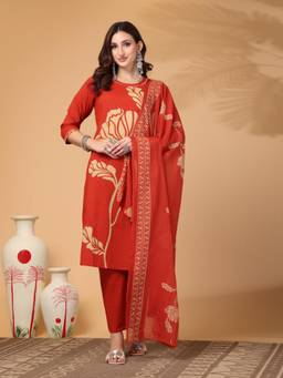 Gahan - Women Pure Cotton Red Printed Kurta with Pant & Dupatta - Orange