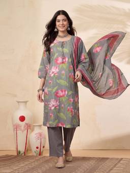 Gahan - Women Pure Cotton Printed Hand Work Kurta with Pant & Dupatta - Grey