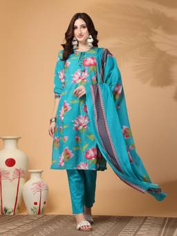 Gahan - Women Pure Cotton Printed Hand Work Kurta with Pant & Dupatta - Blue