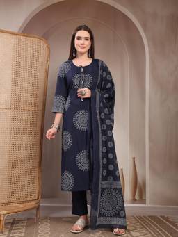 Gahan - Women Pure Cotton Blue Discharge Print & Mirror work Kurta with Pant & Dupatta