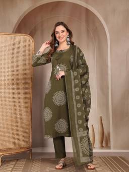 Gahan - Women Pure Cotton Olive Discharge Print & Mirror work Kurta with Pant & Dupatta